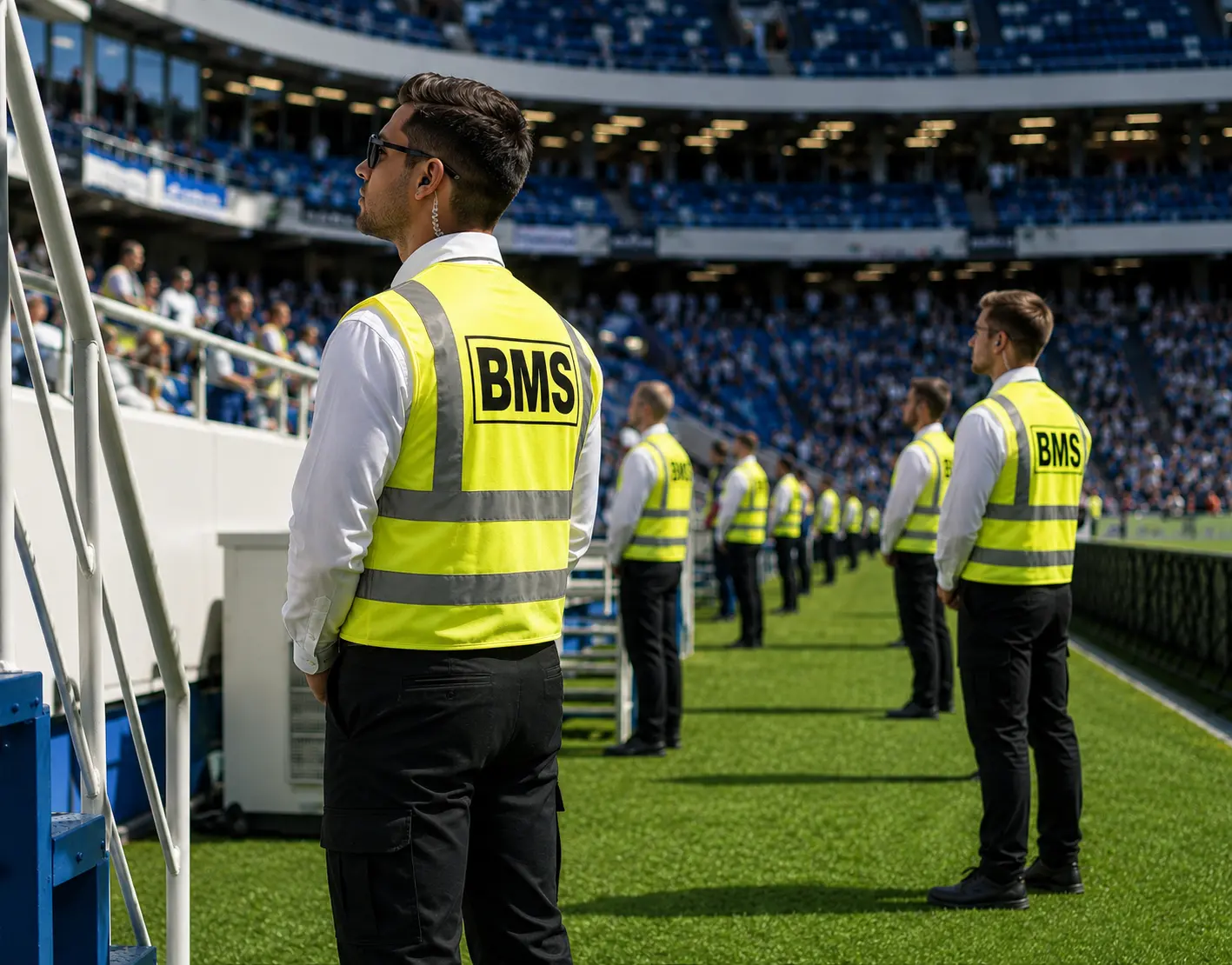 Stewards in high-visibility jackets facing a packed British football stadium crowd on matchday