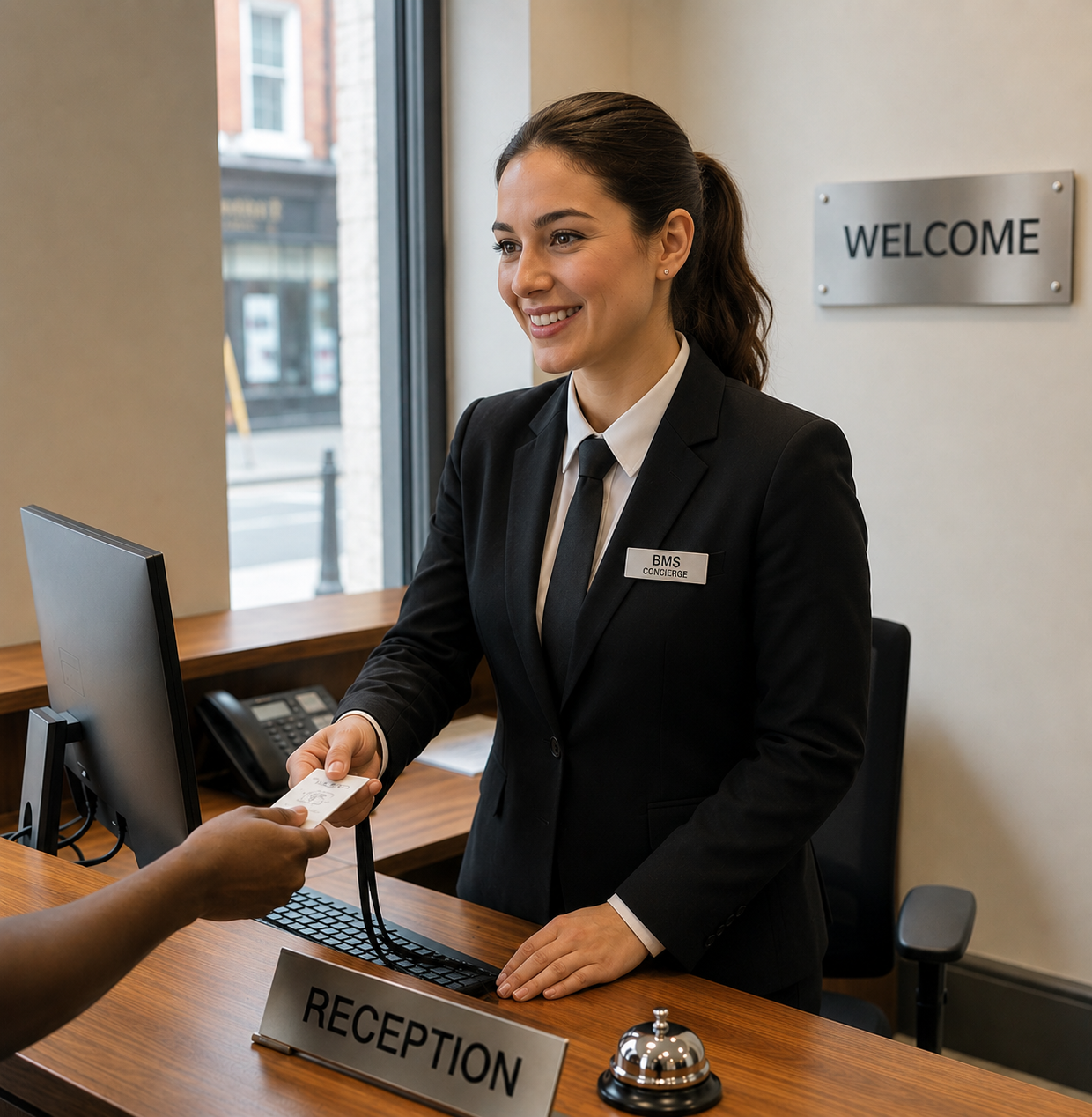 BMS concierge in a suit welcoming a visitor at a reception desk and handing over an access pass