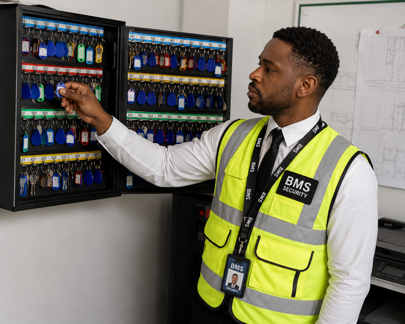 Security officer logging a key handover beside a numbered secure key cabinet