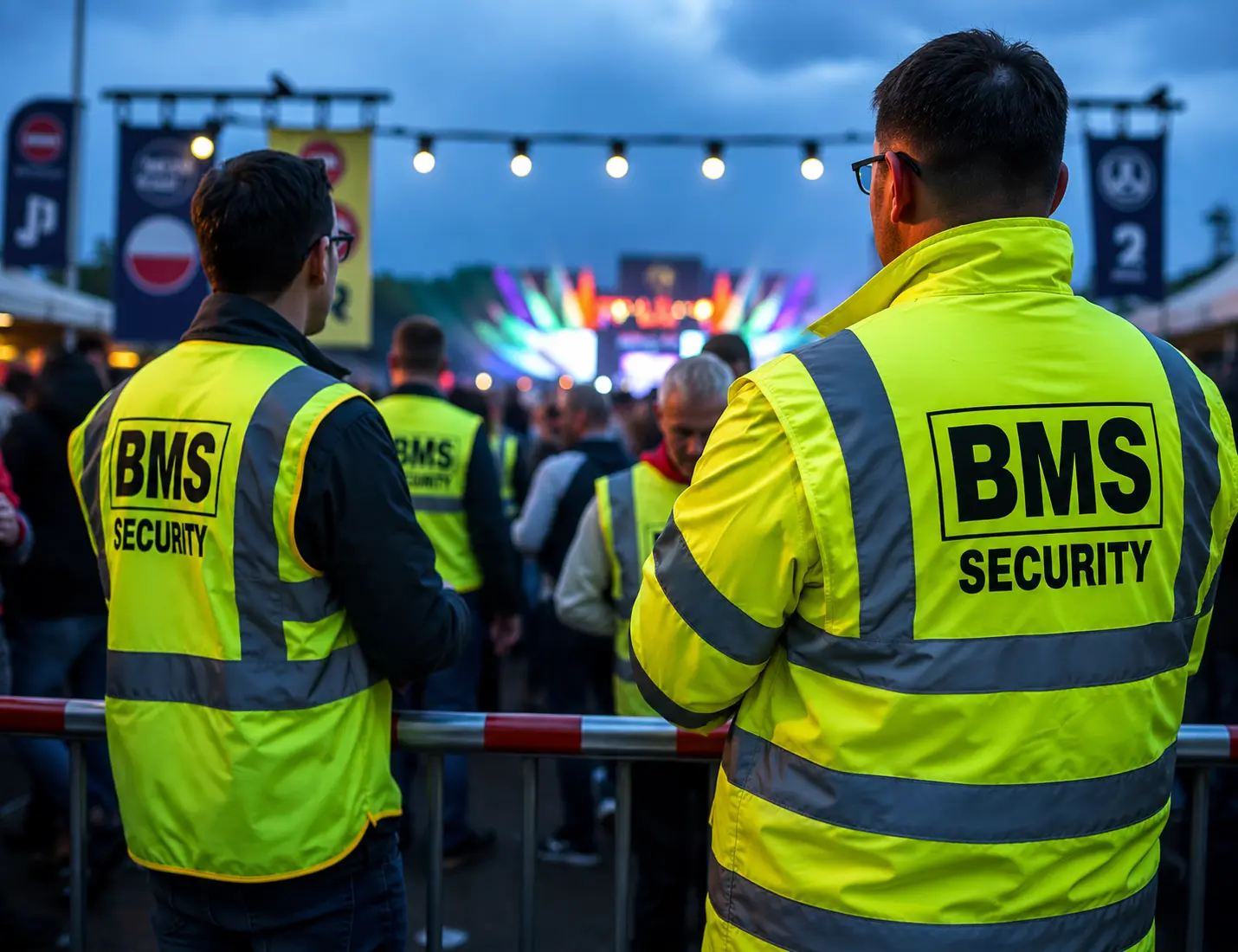 Event stewards in high-visibility jackets managing a crowd at a UK festival entrance
