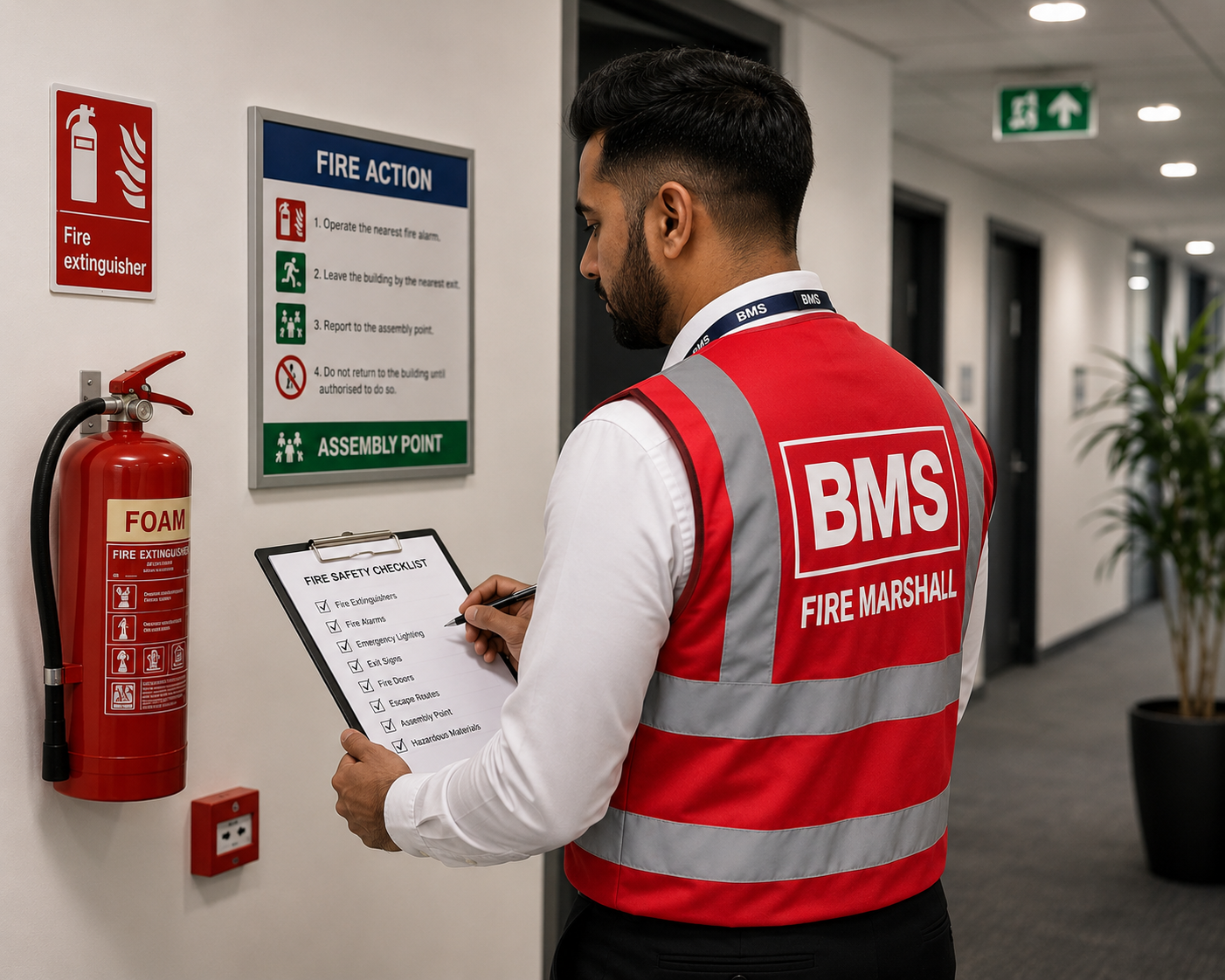 BMS fire marshal in a red hi-vis vest completing a fire safety checklist beside extinguishers and fire action signage