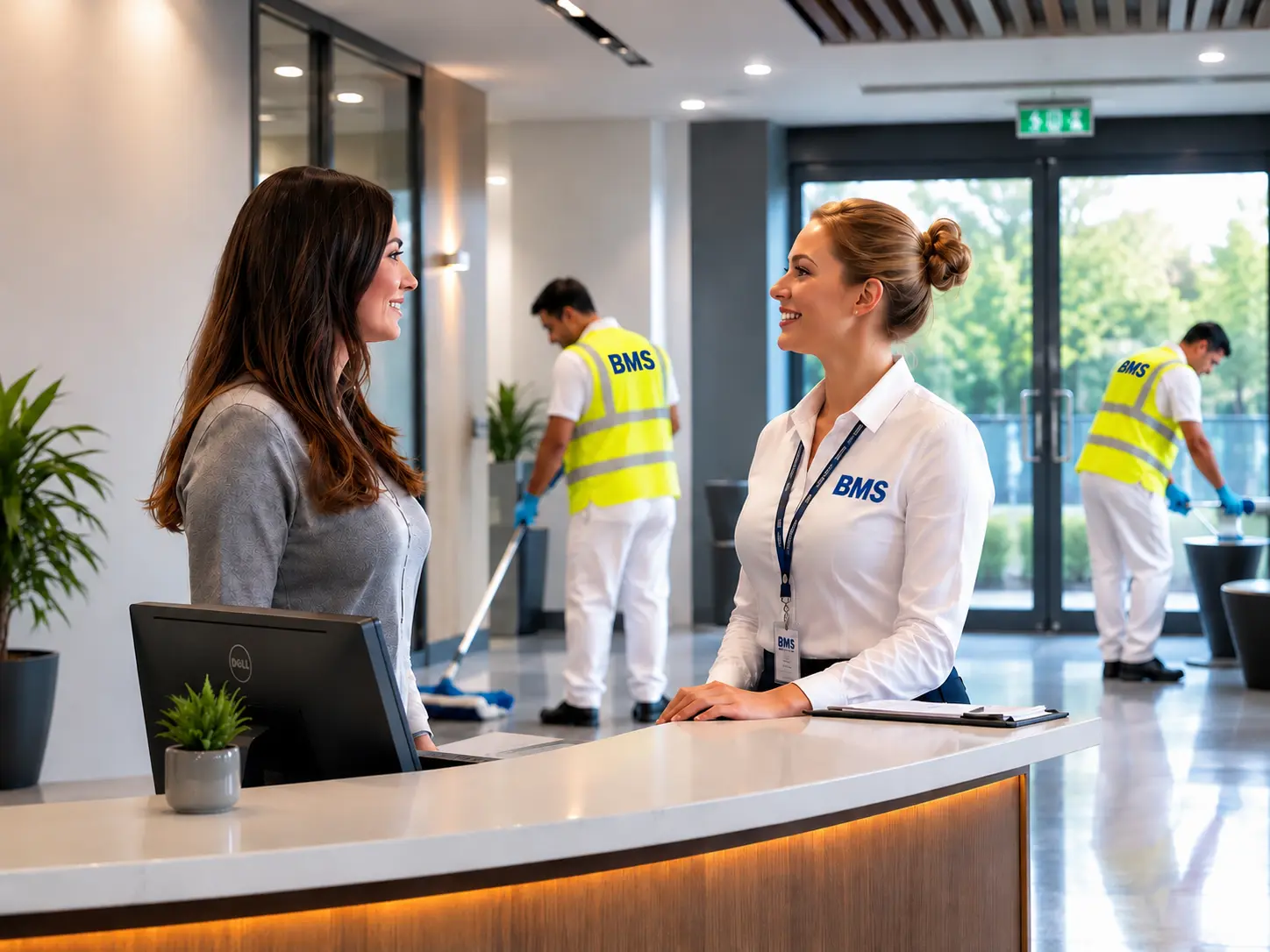 Front-of-house reception team member greeting a visitor in a modern UK office lobby