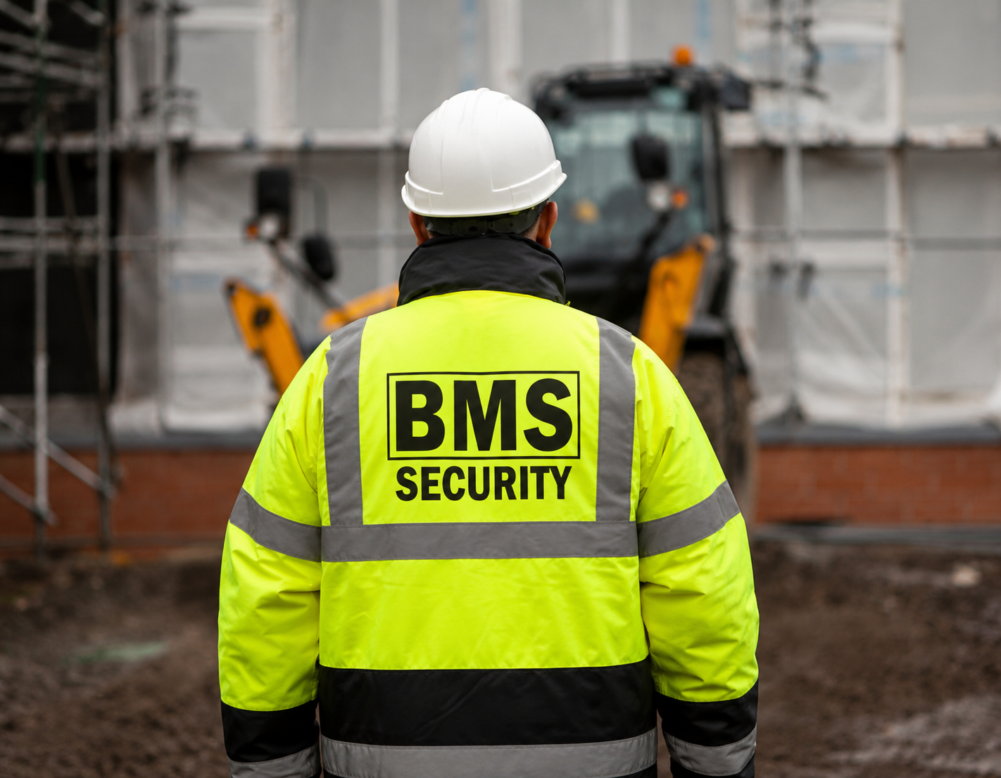 Security officer in hard hat and high-visibility vest patrolling a UK construction site at dusk