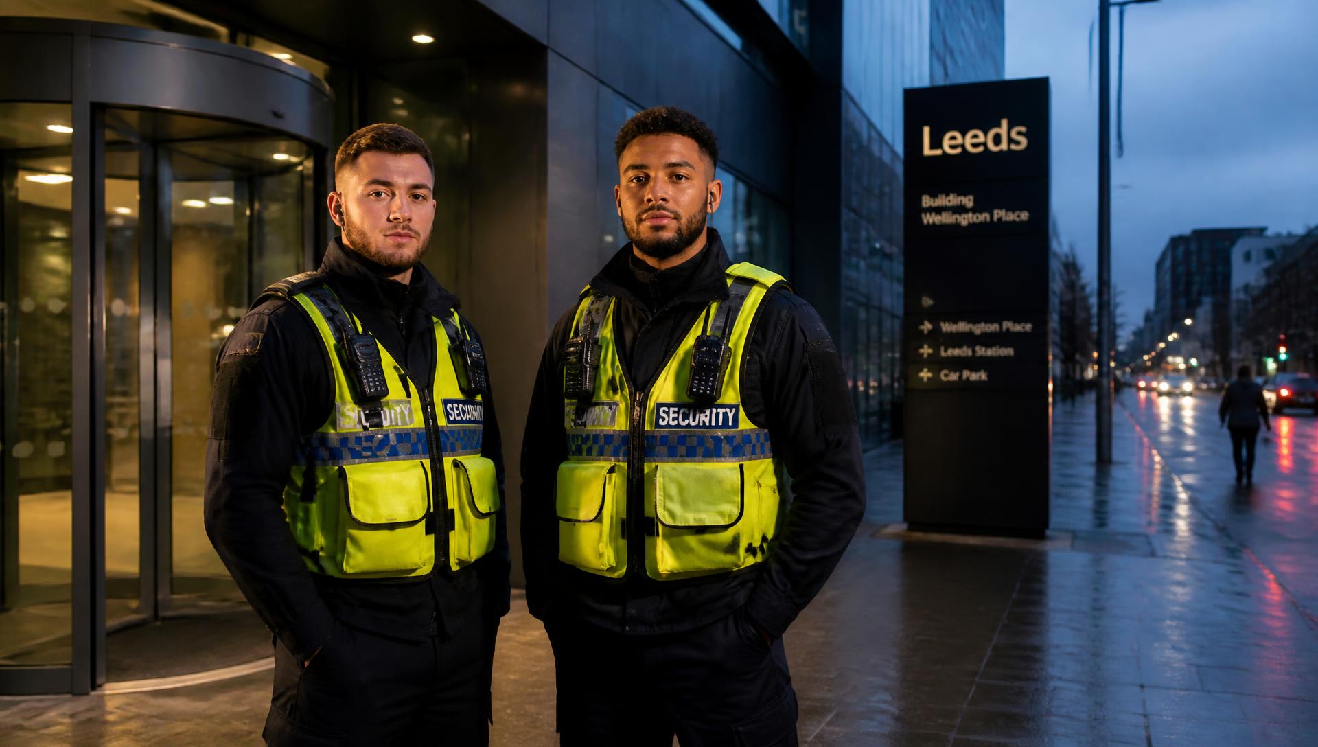 BMS Security officers in high-visibility uniform on duty outside a Leeds commercial building